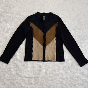 Vtg. Designer Studio Orig. Patchwork Suede Leather-Knit Zip Up Jacket Sweater-M